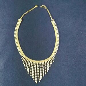 Vintage Hobe Choker Fringe Bib Rhinestone Necklace Gold 16" 2" Drop